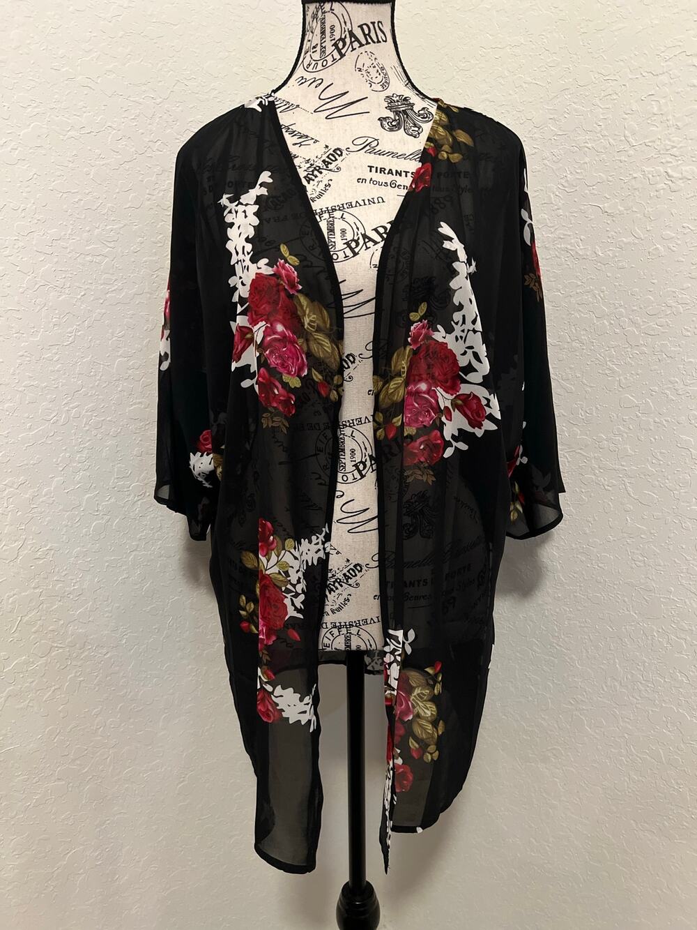 Women's Floral Chiffon Kimono Cardigan Medium Sheer 3/4 Length Sleeve Open-Front
